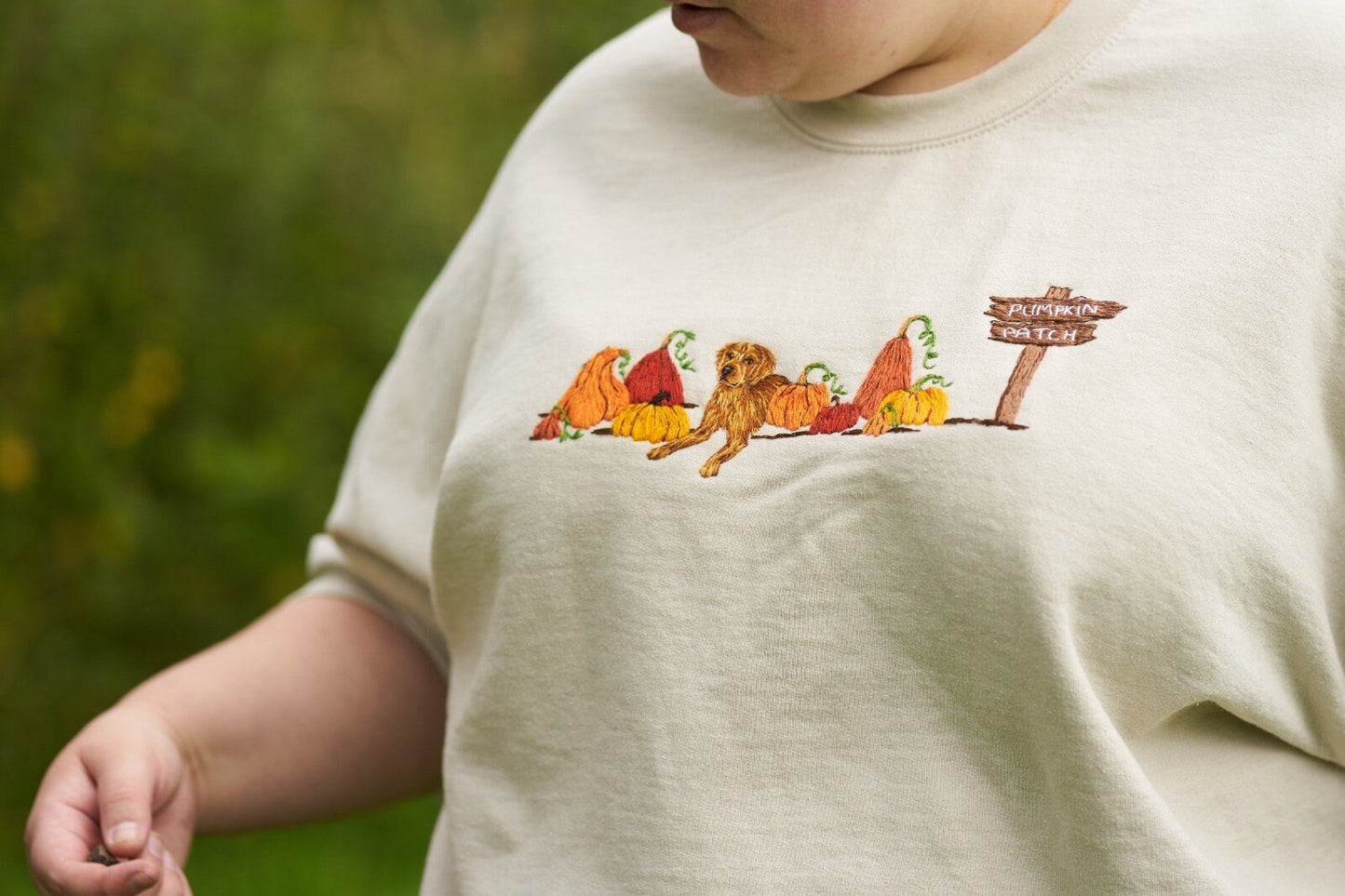 Hand Embroidered Autumn Pet Portrait Sweatshirt - Leaves or pumpkins
