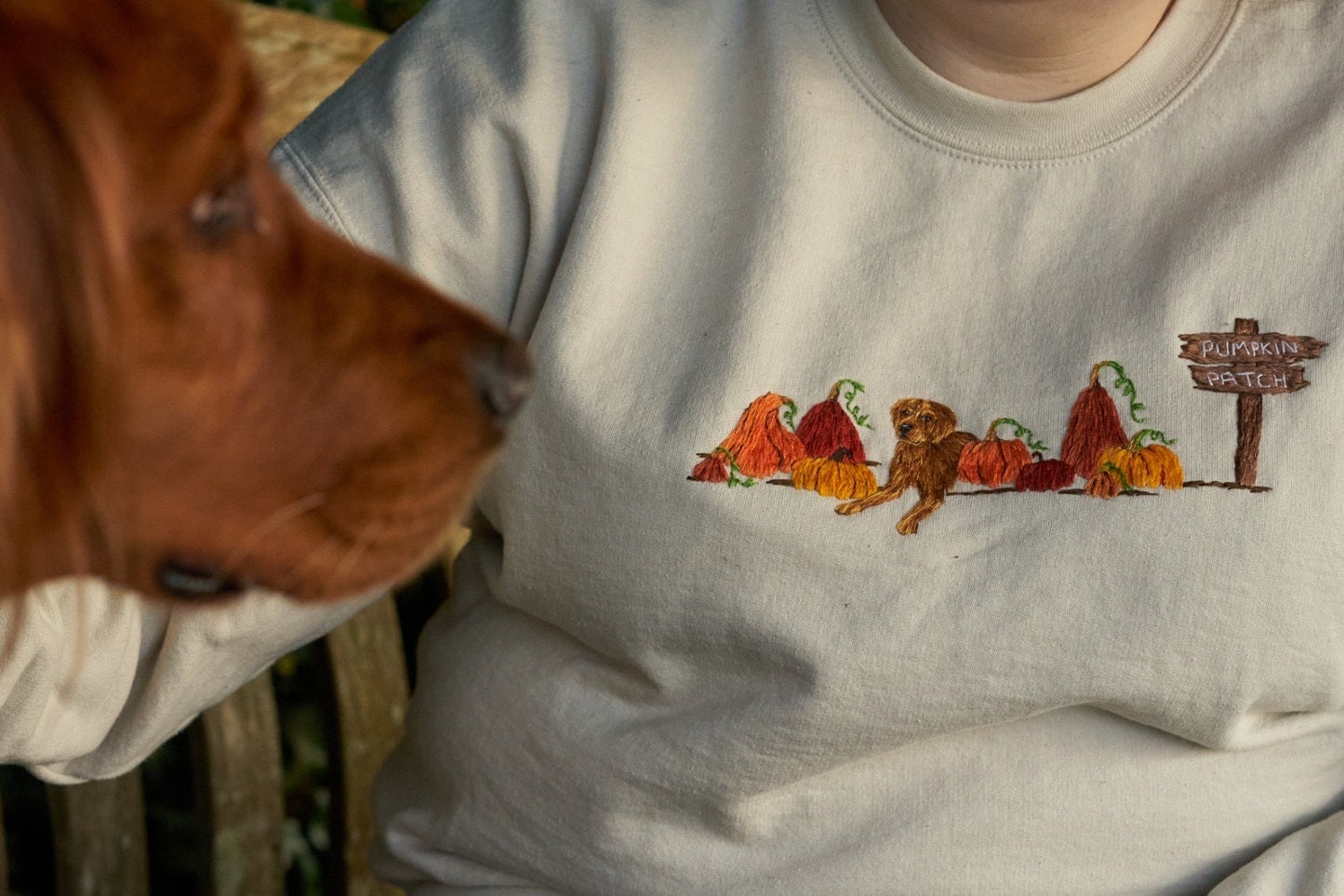 Hand Embroidered Autumn Pet Portrait Sweatshirt - Leaves or pumpkins