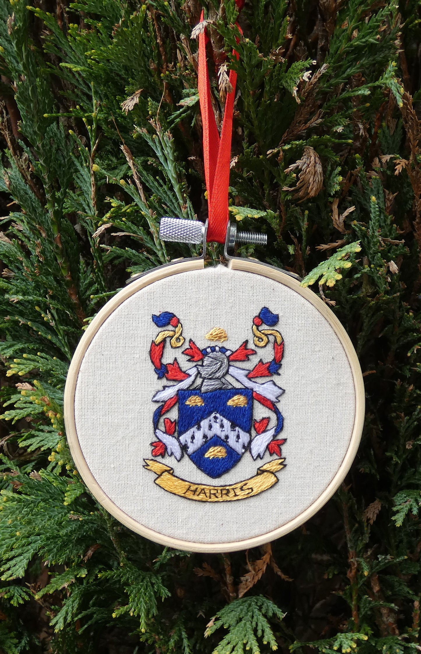 Hand Embroidered Family Crest Christmas Bauble