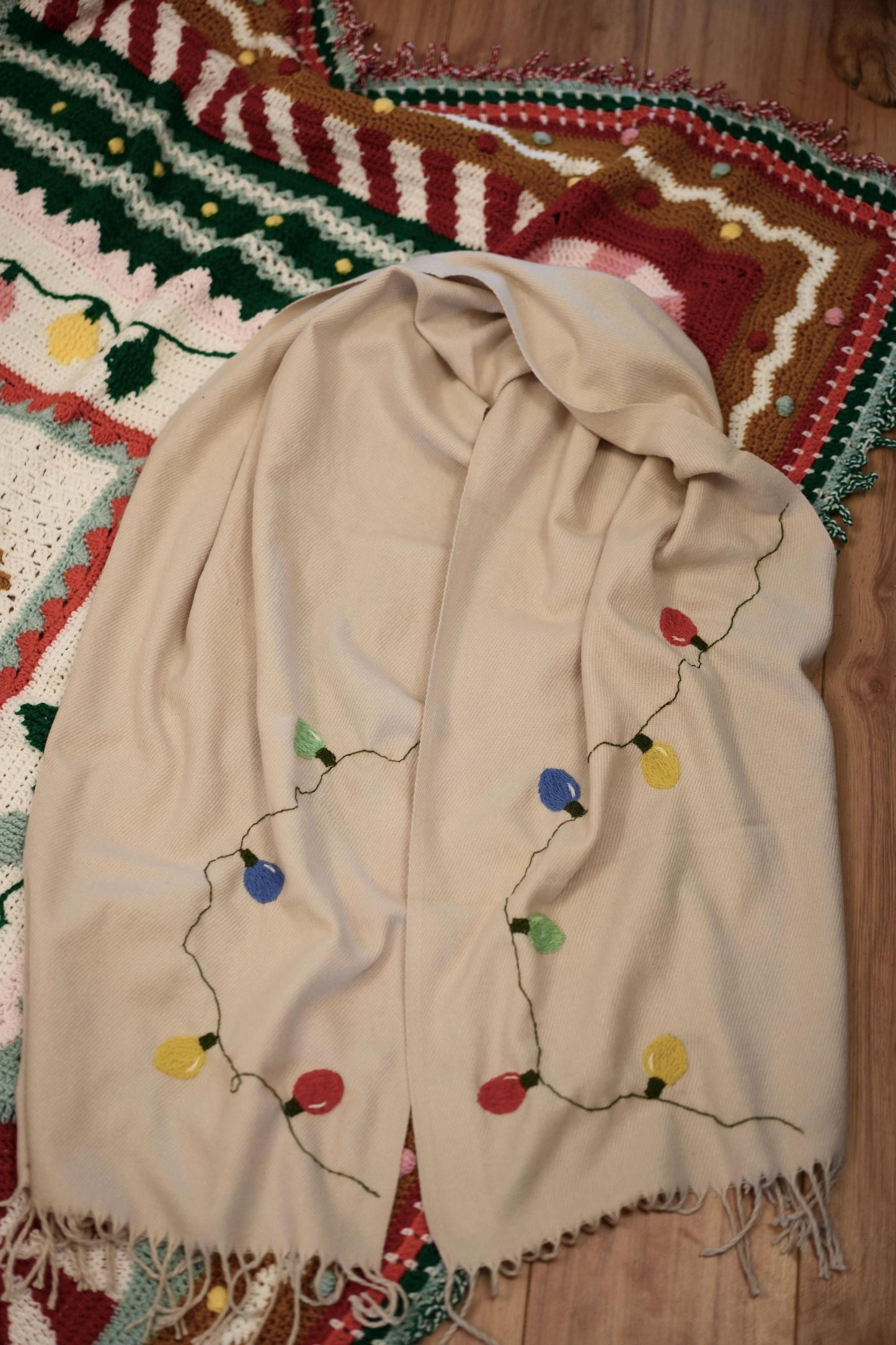 Hand Embroidered Christmas Lights Scarf