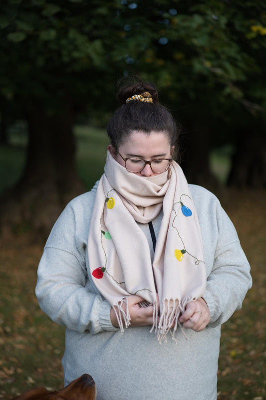 Hand Embroidered Christmas Lights Scarf