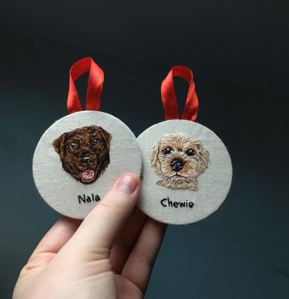 Hand Embroidered Pet Portrait Christmas Bauble